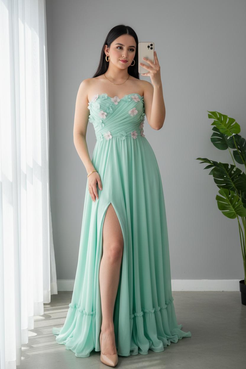 Vestido Verde Menta con Flores 3D cod.633