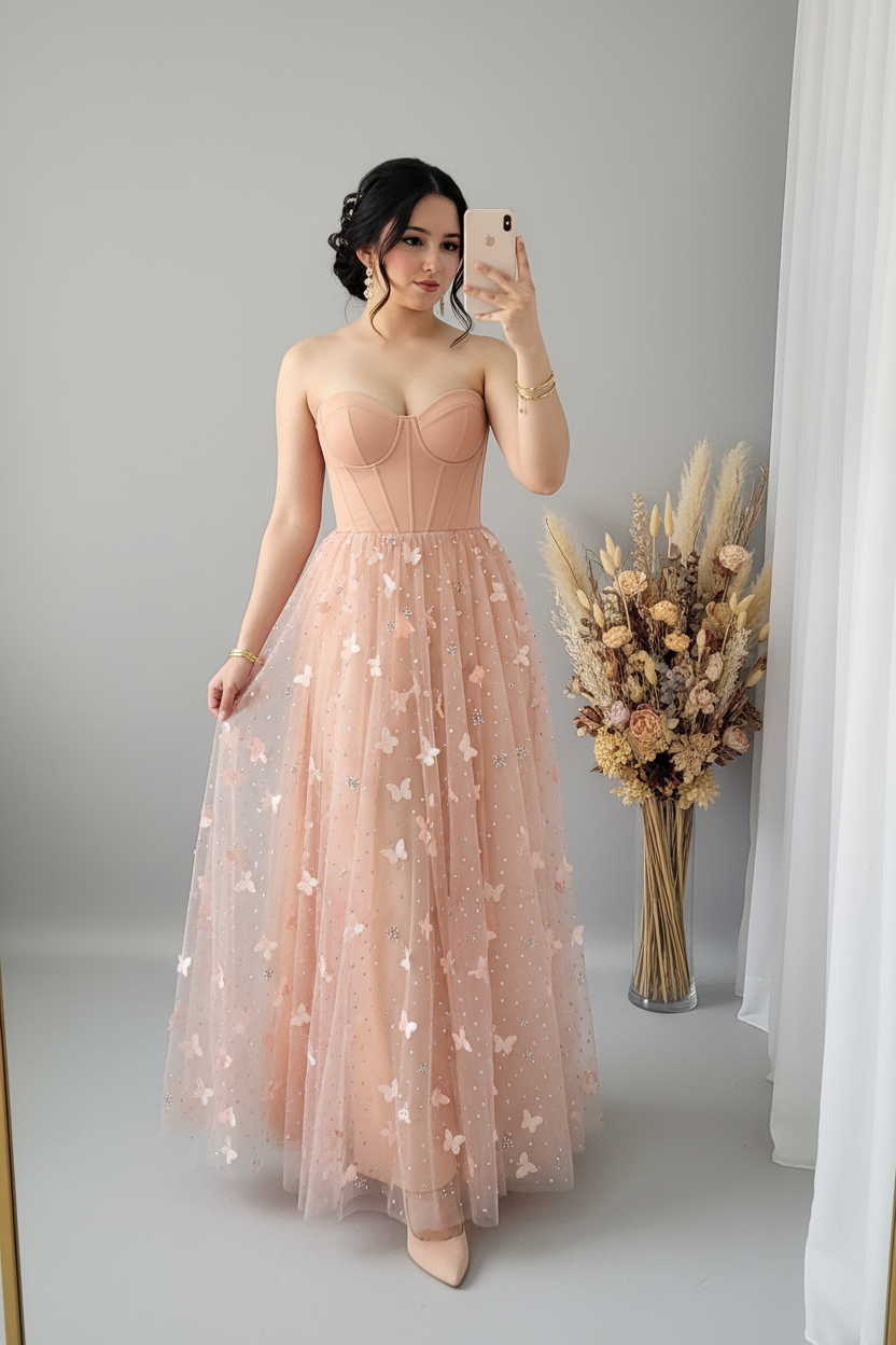 Vestido Melocotón Corset Tul Mariposas D cod.V392