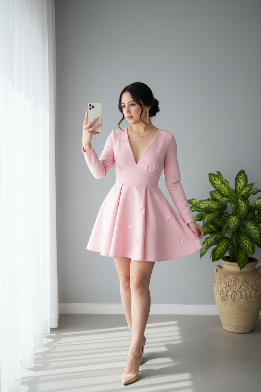 Vestido Rosa Baby Escote V Manga Larga Falda Skater Lazos 3d cod.939