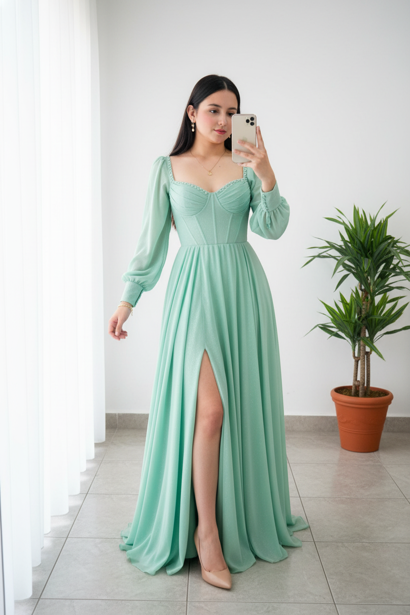 Vestido Verde Menta · Corset Chifón cod.V264