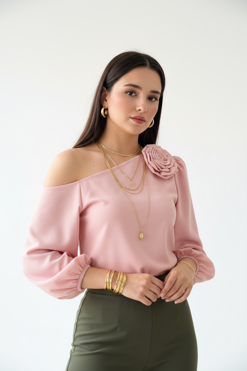 Blusa Elegante Rosa Off-Shoulder con Rosa 3D - Hombros Descubiertos Romántica cod.328