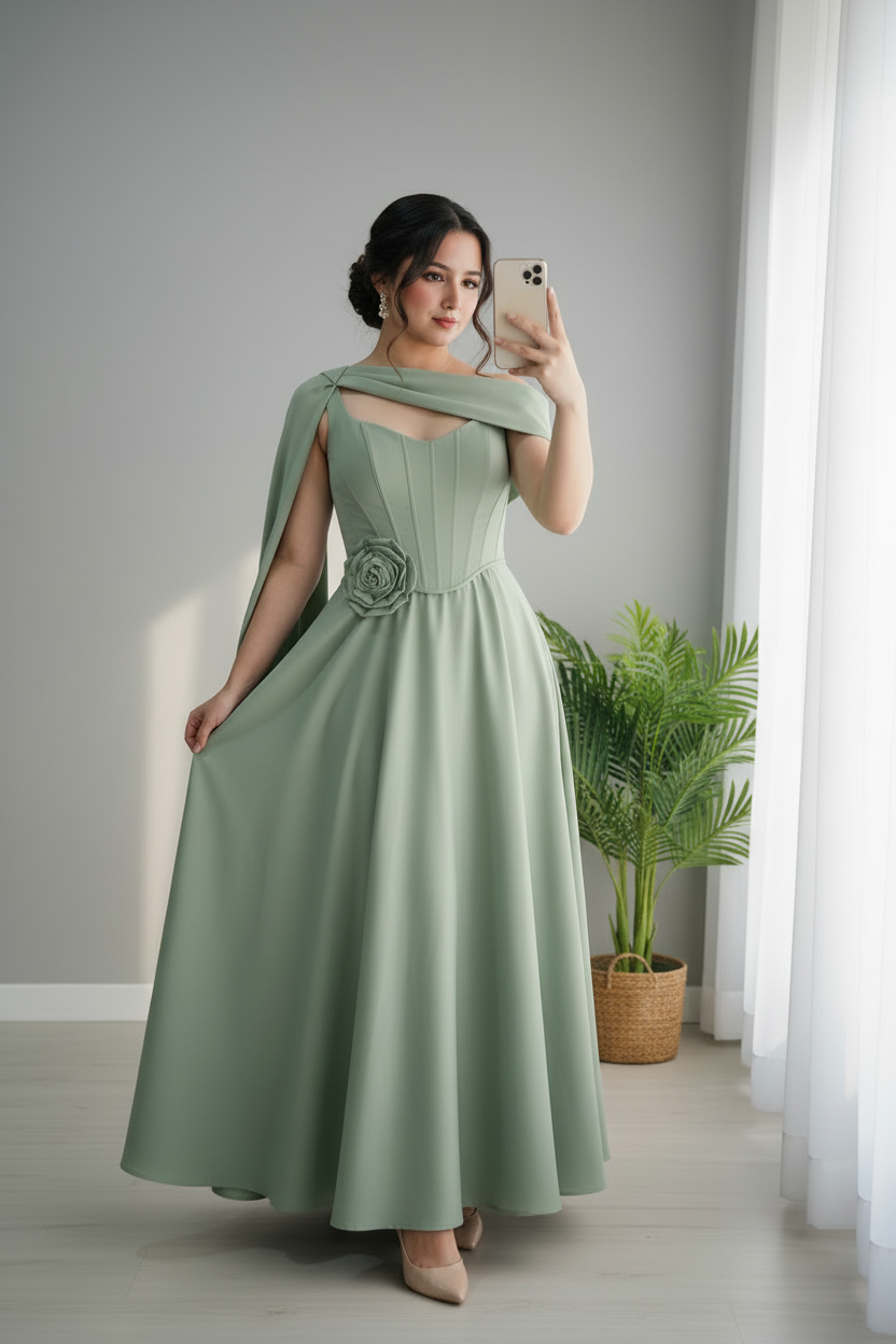 Vestido Verde Menta Corset con Capa Rosa 3D y Falda Amplia cod.732