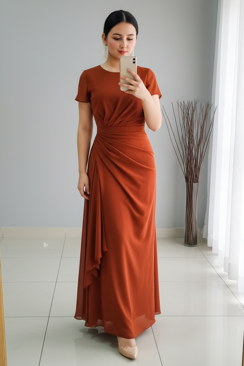 Vestido Terracota Drapeado Manga Corta cod.V344