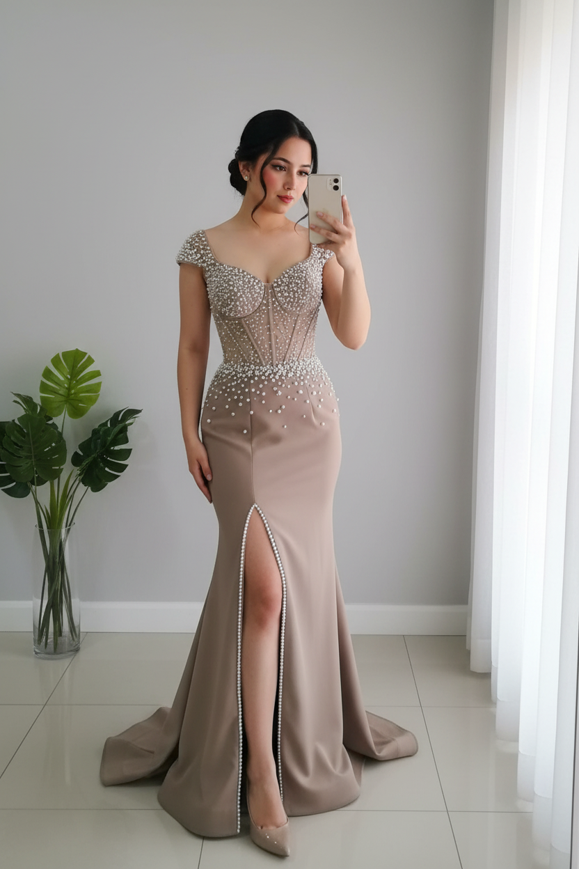 Vestido Sirena Champagne con Córset Transparente de Perlas cod.V247