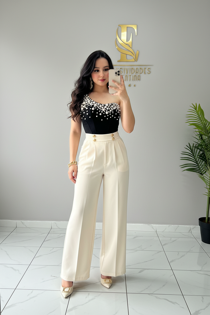 Conjunto Elegante: Top Negro con Perlas Blancas + Pantalón Blanco Pierna Ancha - Sofisticado cod.341