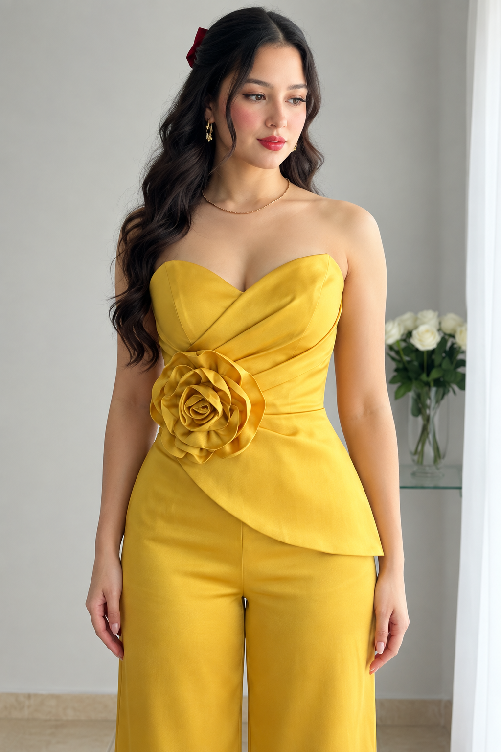 Conjunto amarillo dorado top drapeado con rosa 3D y pantalón palazzo cod. CJ007