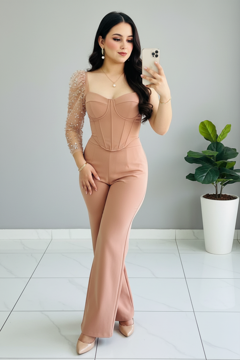 Conjunto Dos Piezas Nude Blush Corset con Manga de Tul y Perlas y Pantalón Wide Leg cod. 535