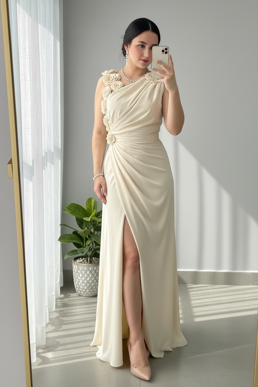 Vestido Rosas 3D Crema Cod.V306