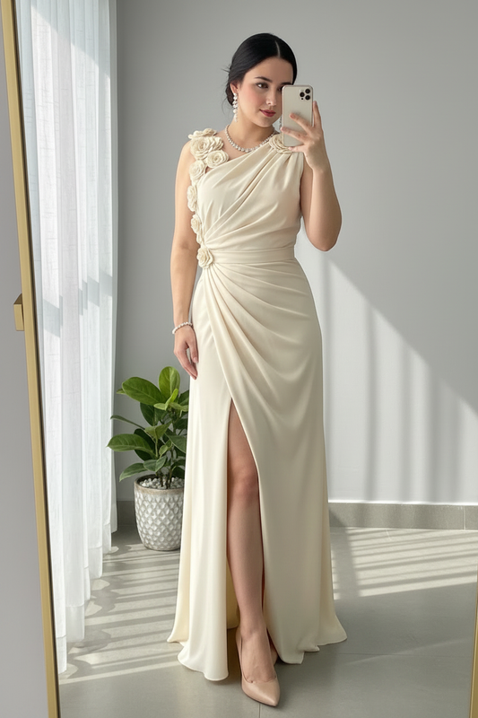 Vestido Rosas 3D Crema Cod.V306