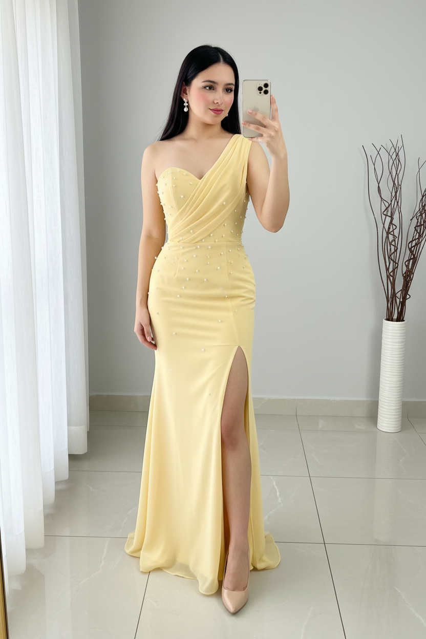 Vestido Amarillo Pastel Sirena Un Hombro Perlas Abertura cod.V335