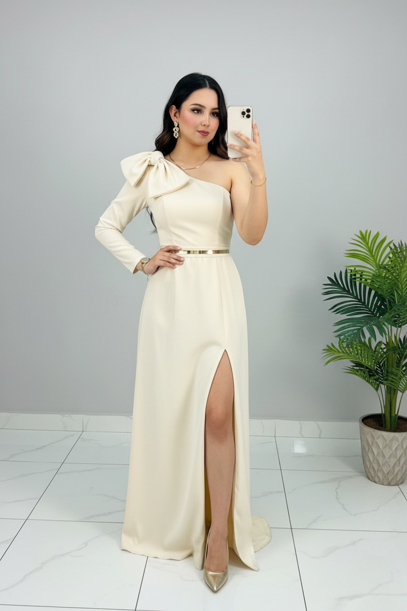 Vestido Formal Crema Un Hombro Manga Larga con Lazo y Abertura Frontal cod.548