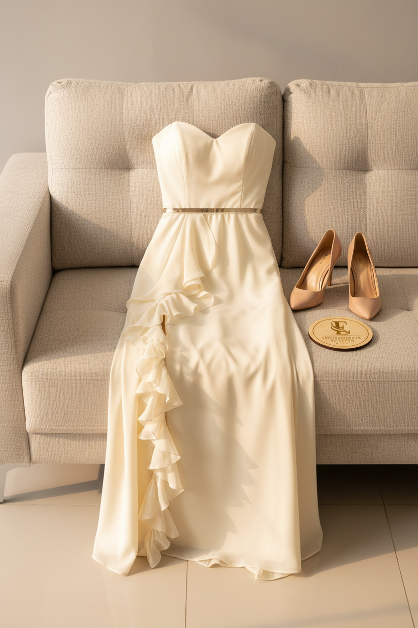 Vestido Formal Crema con Volantes cod.494