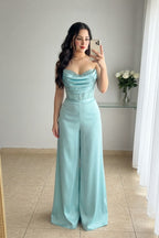 Enterizo verde agua bustier drapeado con perlas y pantalón palazzo cod. E0009