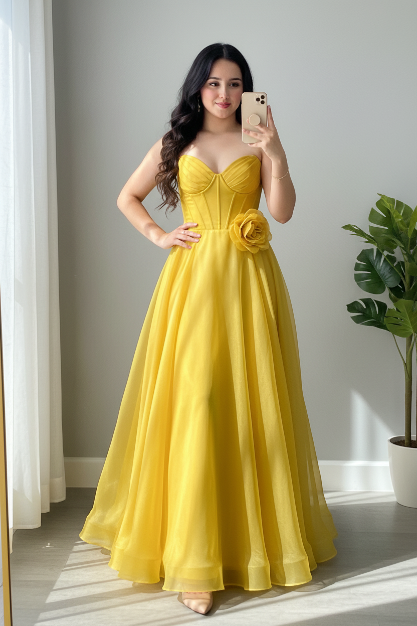 Vestido Amarillo Sol Strapless Corsé con Rosa 3D y Falda Organza Maxi cod.981
