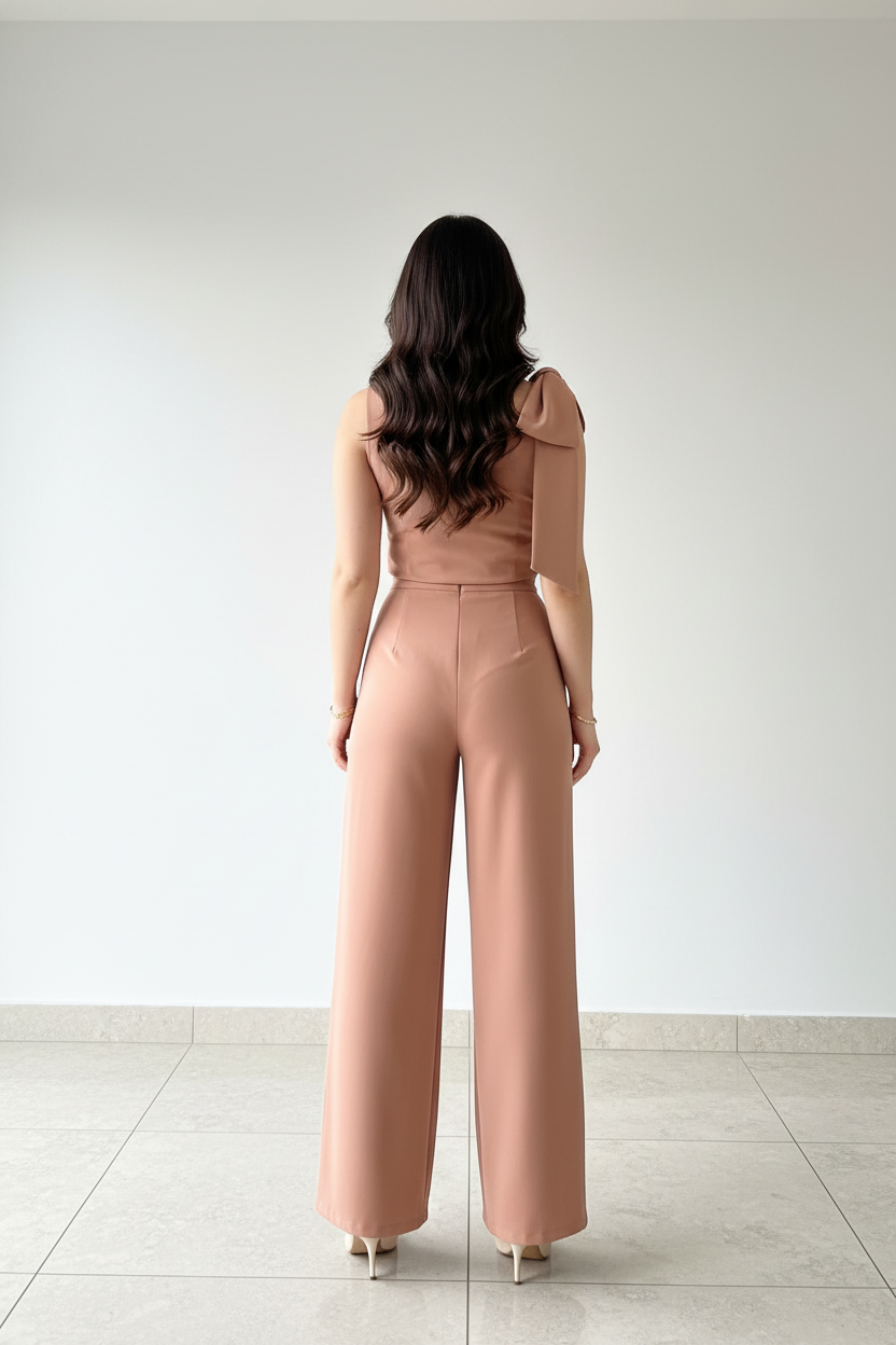 Conjunto Elegante Nude: Top con Moño en Hombro + Pantalón Pierna Ancha cod.313