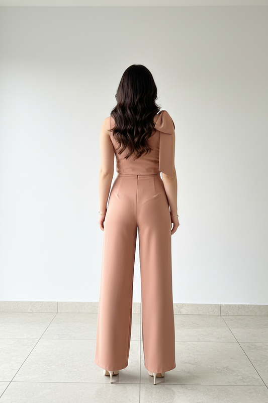 Conjunto Elegante Nude: Top con Moño en Hombro + Pantalón Pierna Ancha cod.313