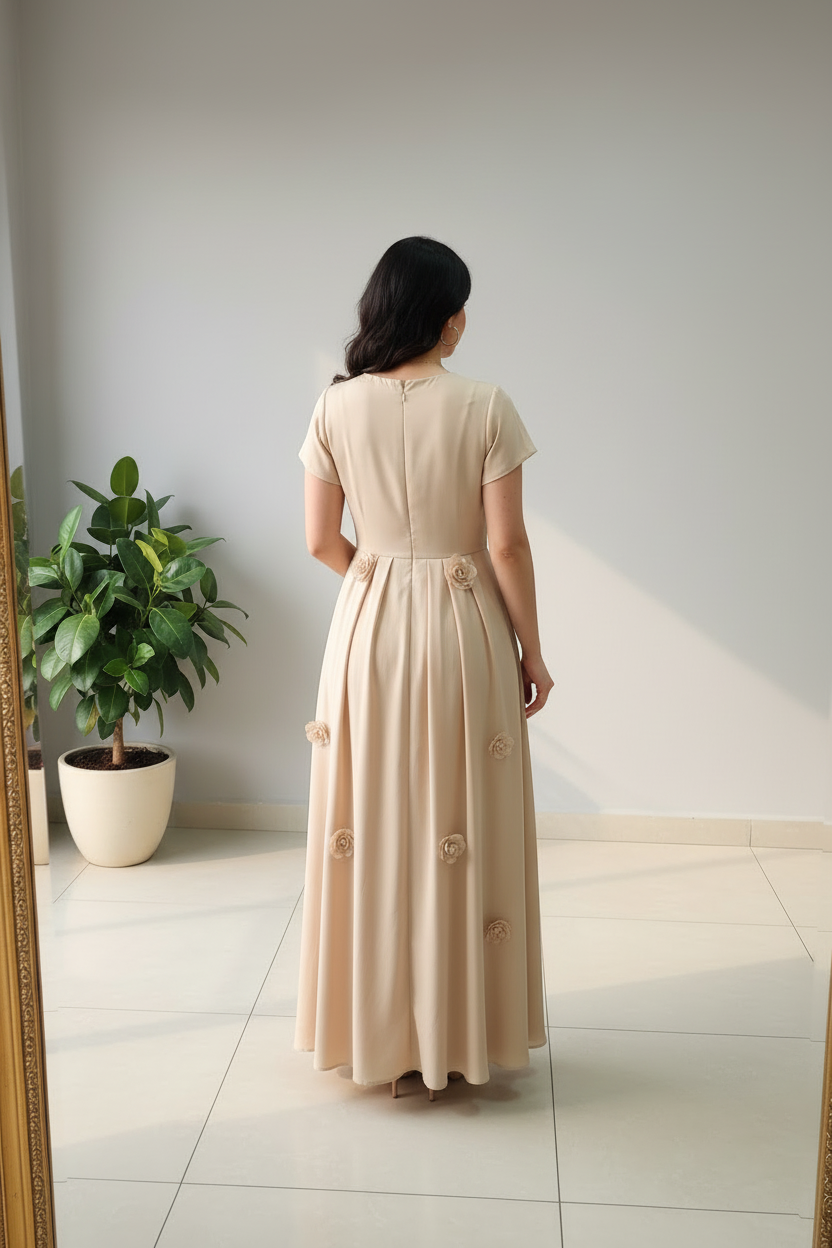 Vestido Largo Beige con Rosas 3D Dispersas cod.410