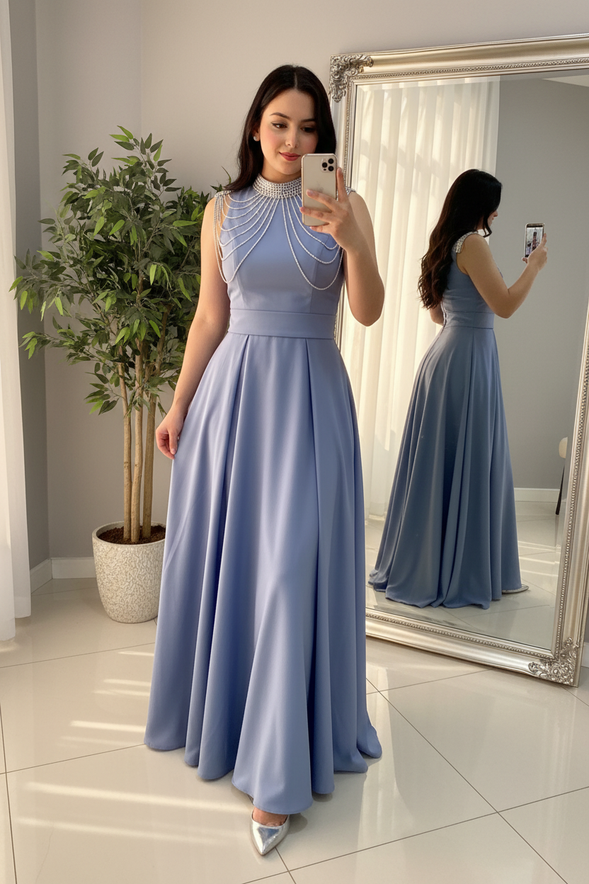 Vestido Blue Pearl – Gown Azul Acero Cuello Alto con Drapeado de Perlas cod.679