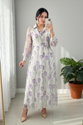 Vestido Tulipanes Lilas — Chiffon Botones & Manga Larga cod.859