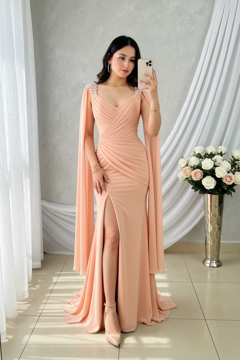 Vestido Salmón Sirena con Mangas Capa y Tirantes de Cristal cod.V509