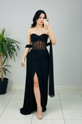 Vestido Formal Negro Strapless Corset Transparente con Pedrería y Capa Drapeada cod.528