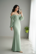 Vestido Verde Salvia Off-Shoulder Mangas Globo Sirena cod.731