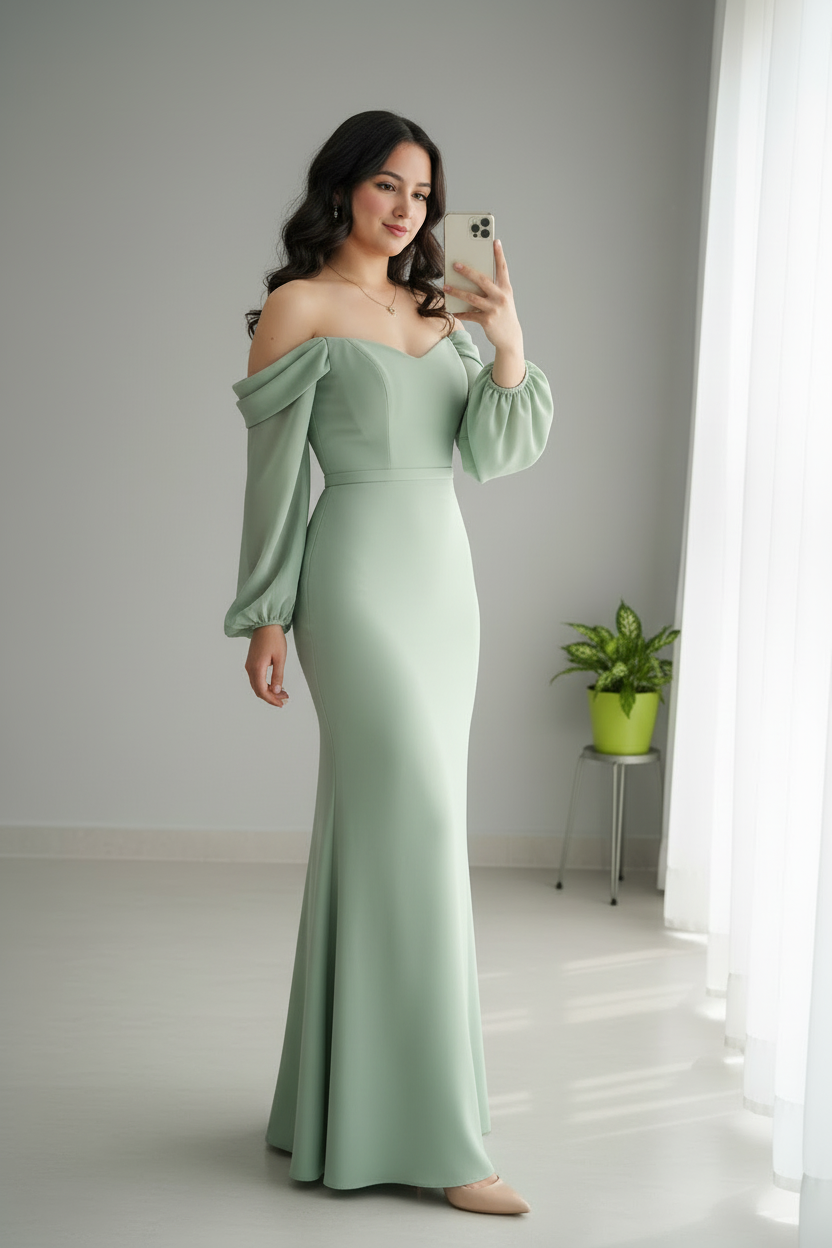 Vestido Verde Salvia Off-Shoulder Mangas Globo Sirena cod.731