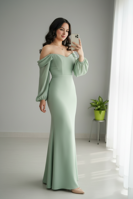 Vestido Verde Salvia Off-Shoulder Mangas Globo Sirena cod.731