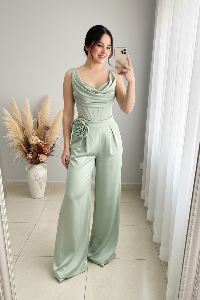Conjunto Verde Menta | Top Corsé con Rosa 3D y Palazzo cod.C442