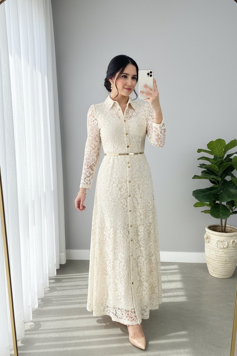 Vestido Encaje Crema — Botones Dorados  cod.857