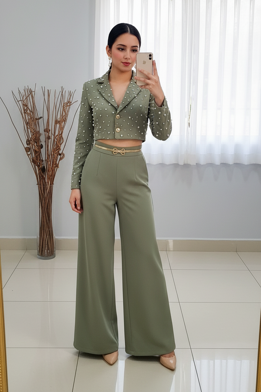 Conjunto Blazer Crop Verde Salvia con Perlas y Palazzo cod.C352