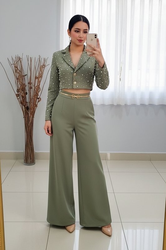 Conjunto Blazer Crop Verde Salvia con Perlas y Palazzo cod.C352