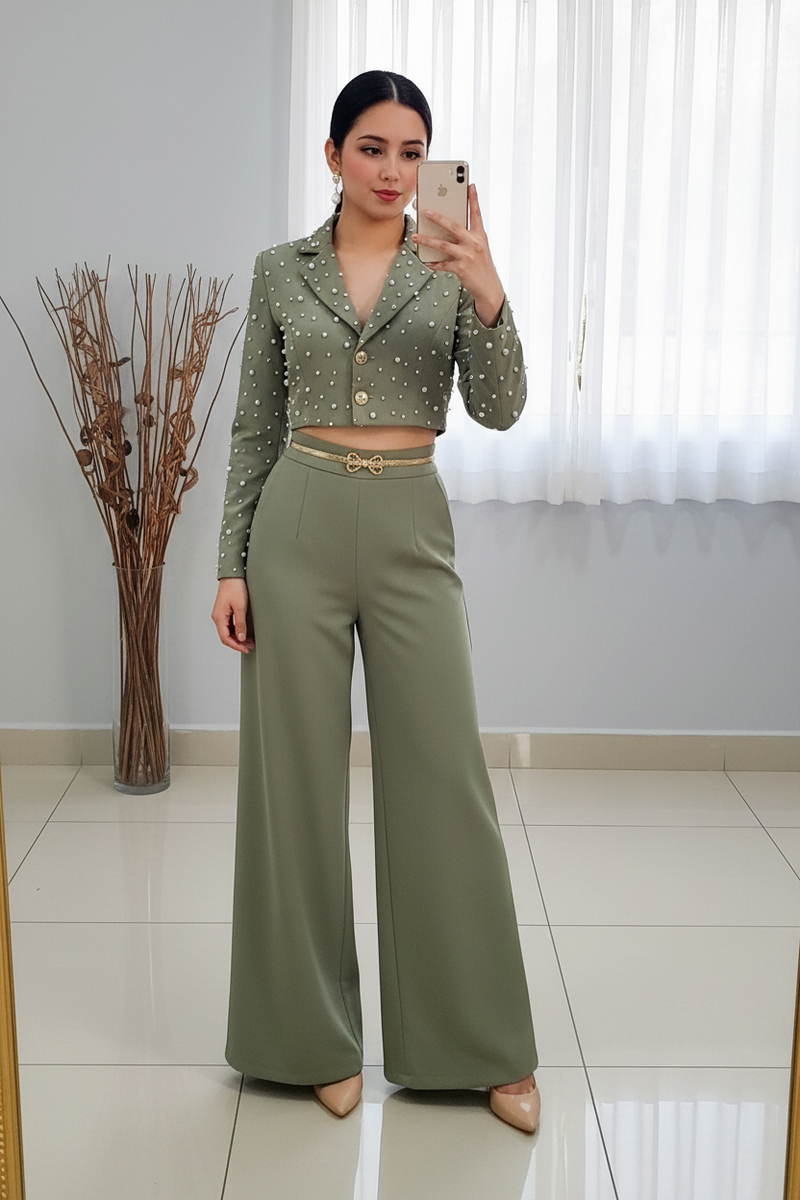 Conjunto Blazer Crop Verde Salvia con Perlas y Palazzo cod.C352