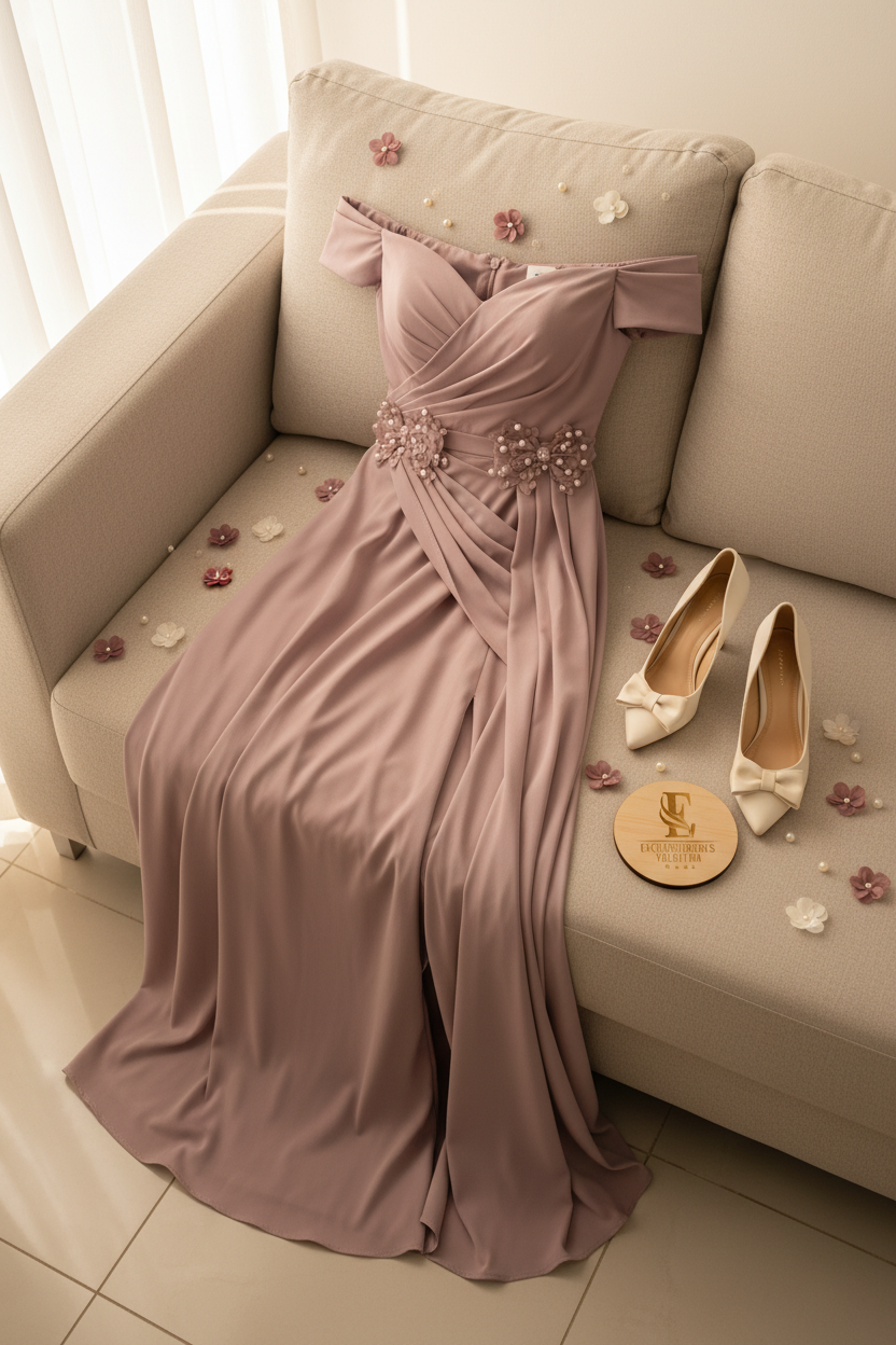Vestido Largo Rosa Palo Off-Shoulder Escote Corazón con Apliques Florales de Perlas y Abertura cod.486