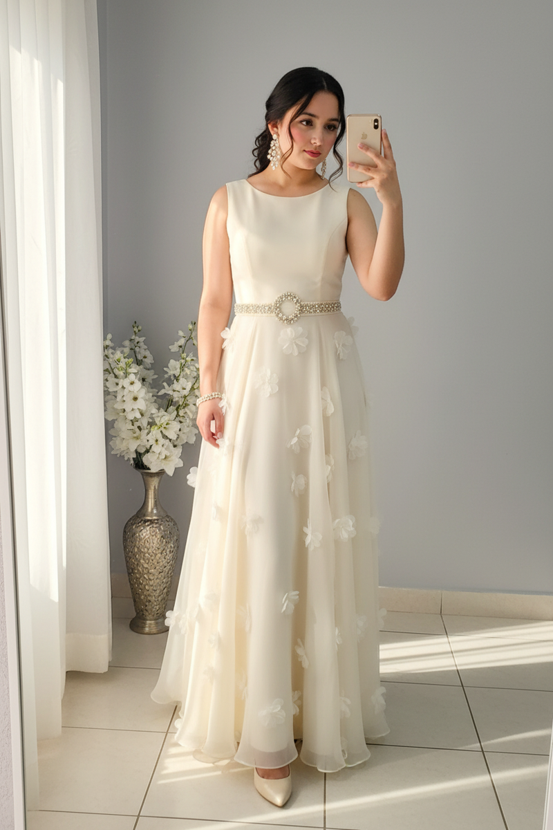 Vestido Ivory A-Line Sin Mangas con Pétalos 3D cod.V548