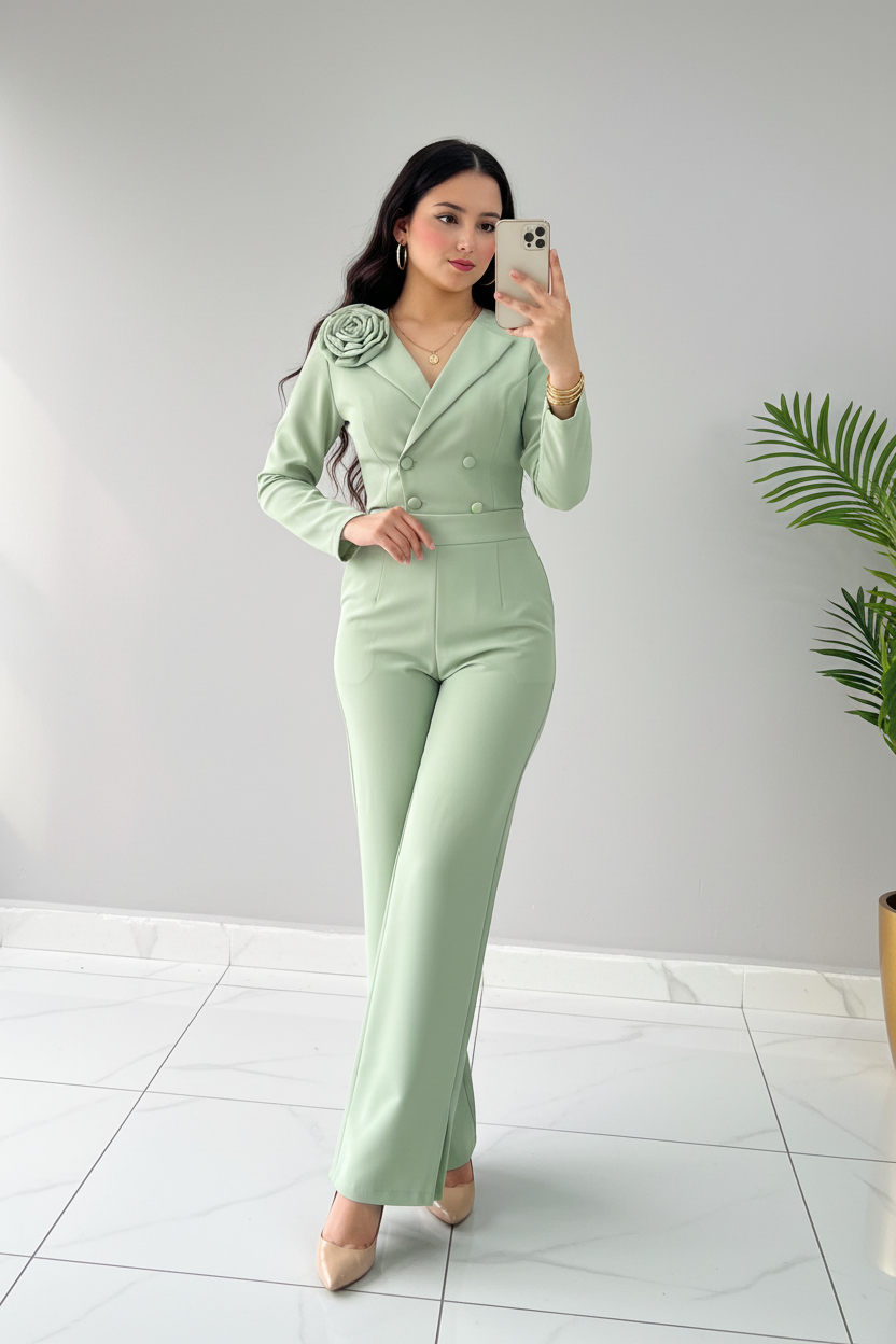 Conjunto Rose Vert – Blazer Crop con Rosa & Pantalón Palazzo cod.666