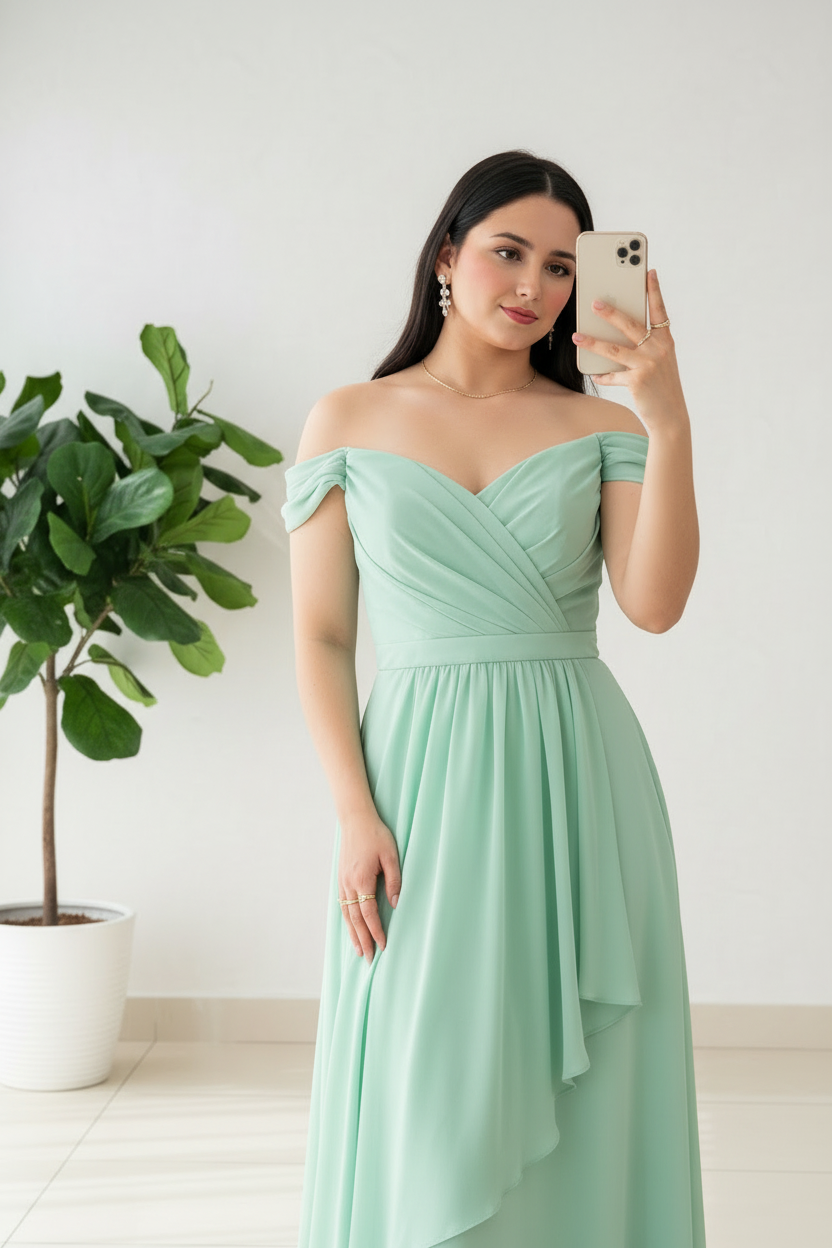 Vestido Largo Verde Menta Off-Shoulder con Volante Asimétrico cod.427