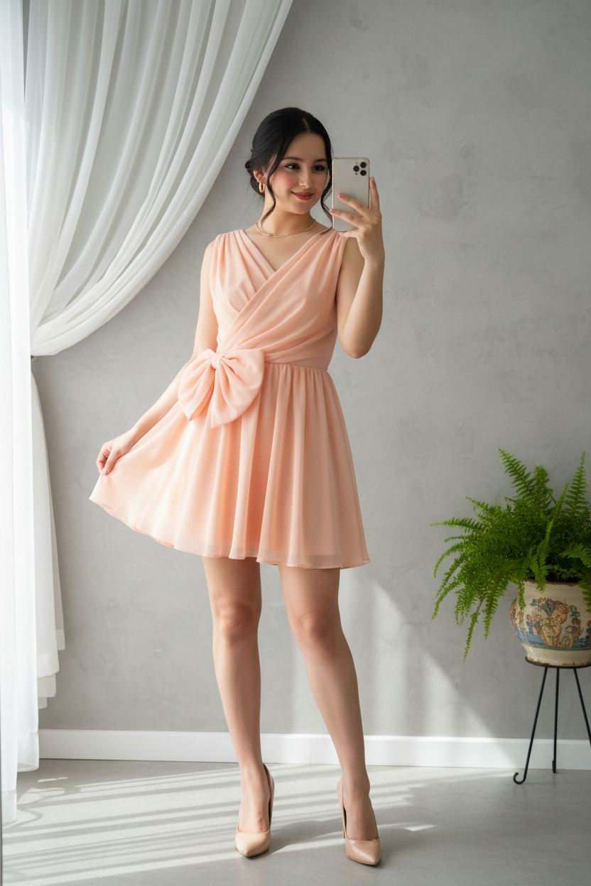 Vestido Melocotón Sin Mangas Escote V Cruzado Lazo 3D Falda Chifón  cod.941