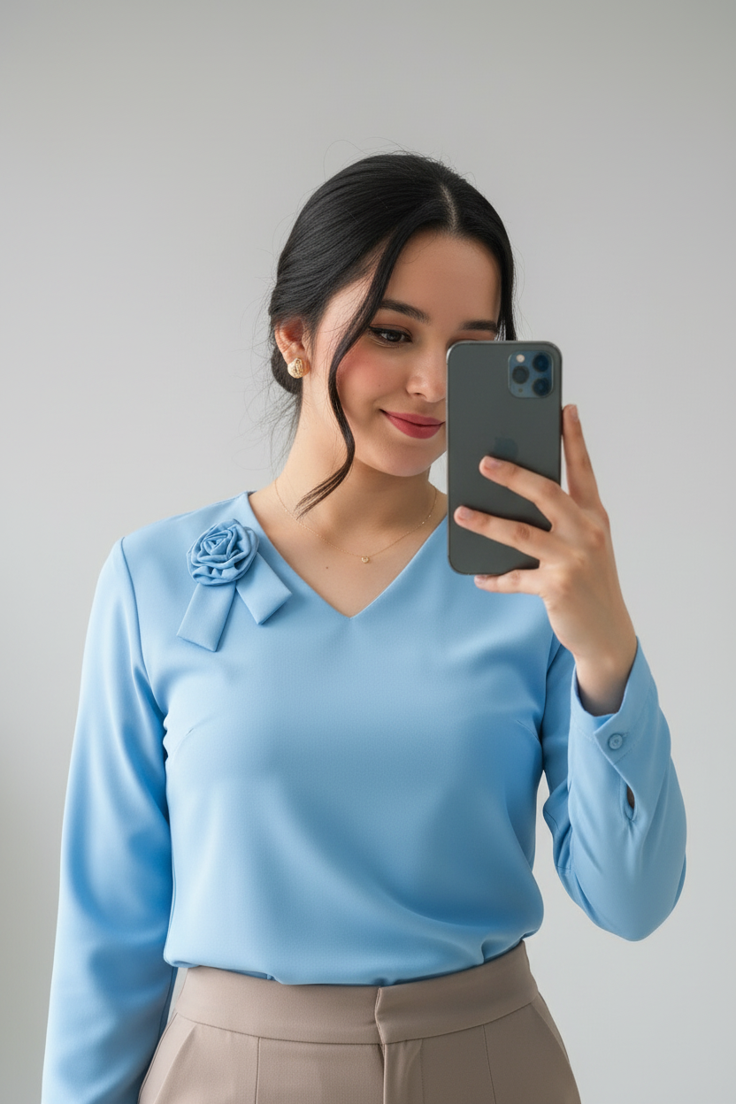 Blusa Azul Cielo con Escote V, Rosa 3D en el Hombro y Mangas Largas cod.381