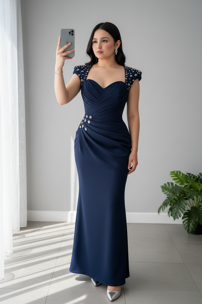 Vestido Azul Marino Escote Corazón Mangas Bordadas Flores Cristales Sirena cod.743