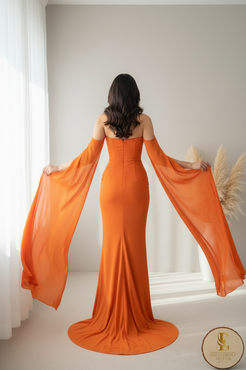 Vestido Naranja One-Shoulder Sirena Mangas Capa Abertura cod.00105