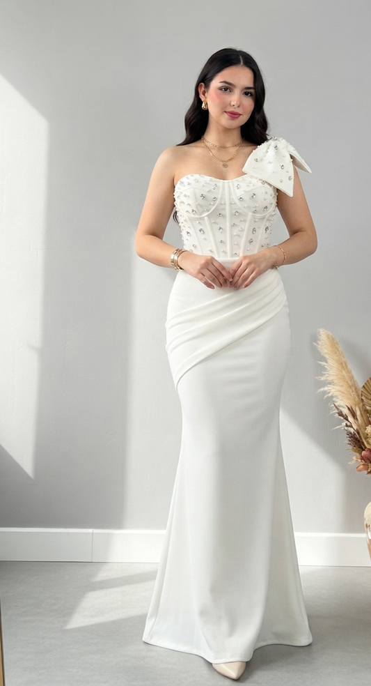 Vestido Novia Blanco Sirena con Corset de Perlas y Lazo
