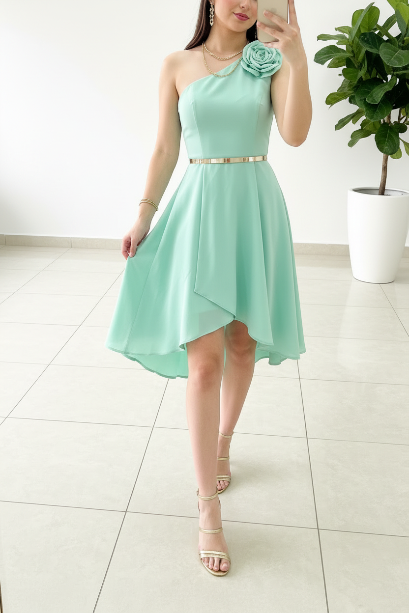 Vestido Verde Menta Un Hombro con Rosa 3D y Falda High-Low cod.452