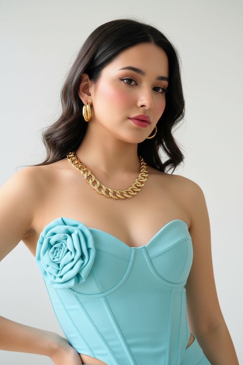 Jumpsuit Elegante Azul Turquesa con Rosa 3D y Corsé - Pierna Ancha Sofisticado cod.347