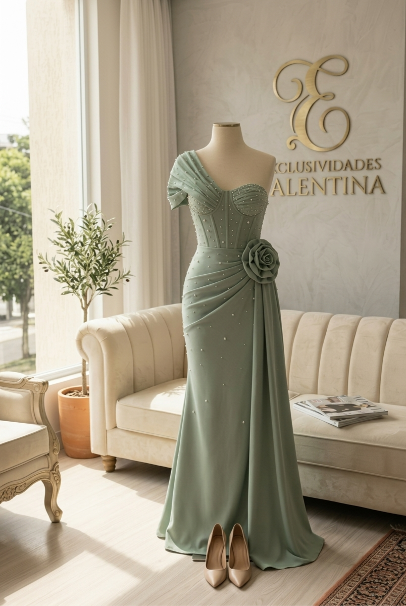 Vestido Verde Salvia Sirena con Corset de Perlas, Rosa 3D y Manga Drapeada cod.V821