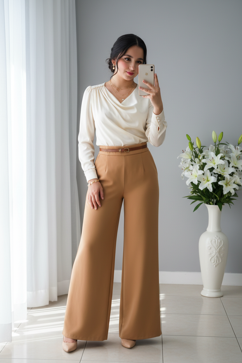 Conjunto Crema Camel | Blusa Cowl Neck Manga Larga y Palazzo cod.C448