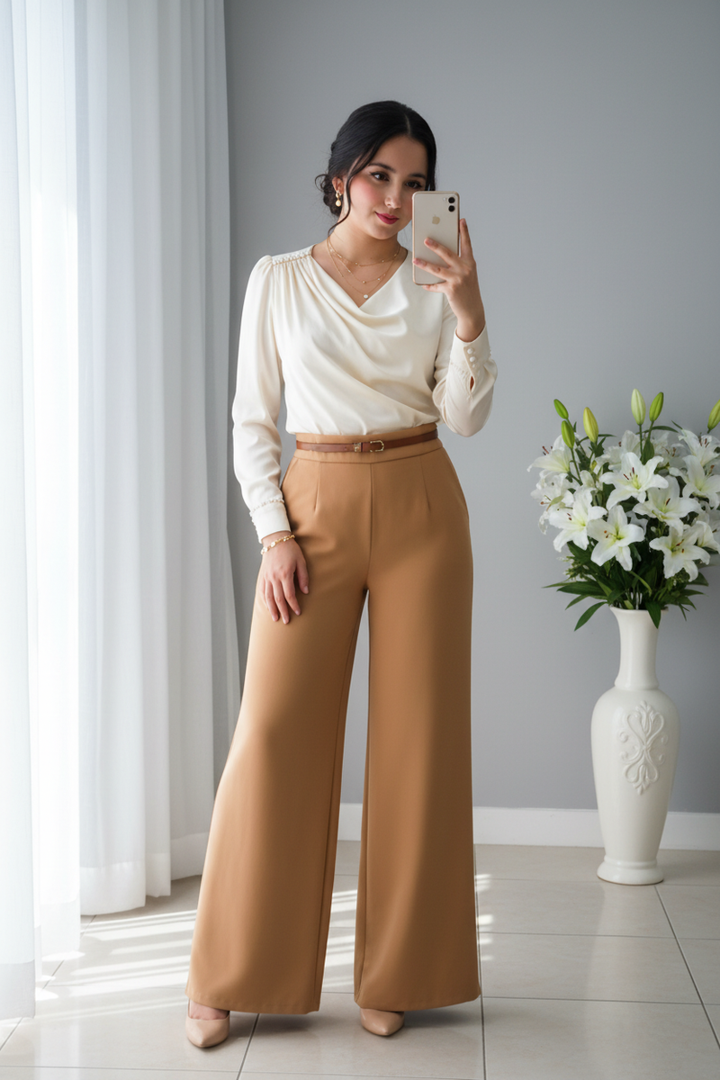 Conjunto Crema Camel | Blusa Cowl Neck Manga Larga y Palazzo cod.C448