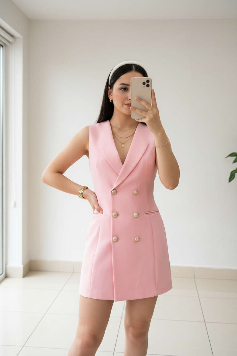 Vestido Blazer Rosa Baby Sin Mangas con Botones Dorados y Solapa cod.457