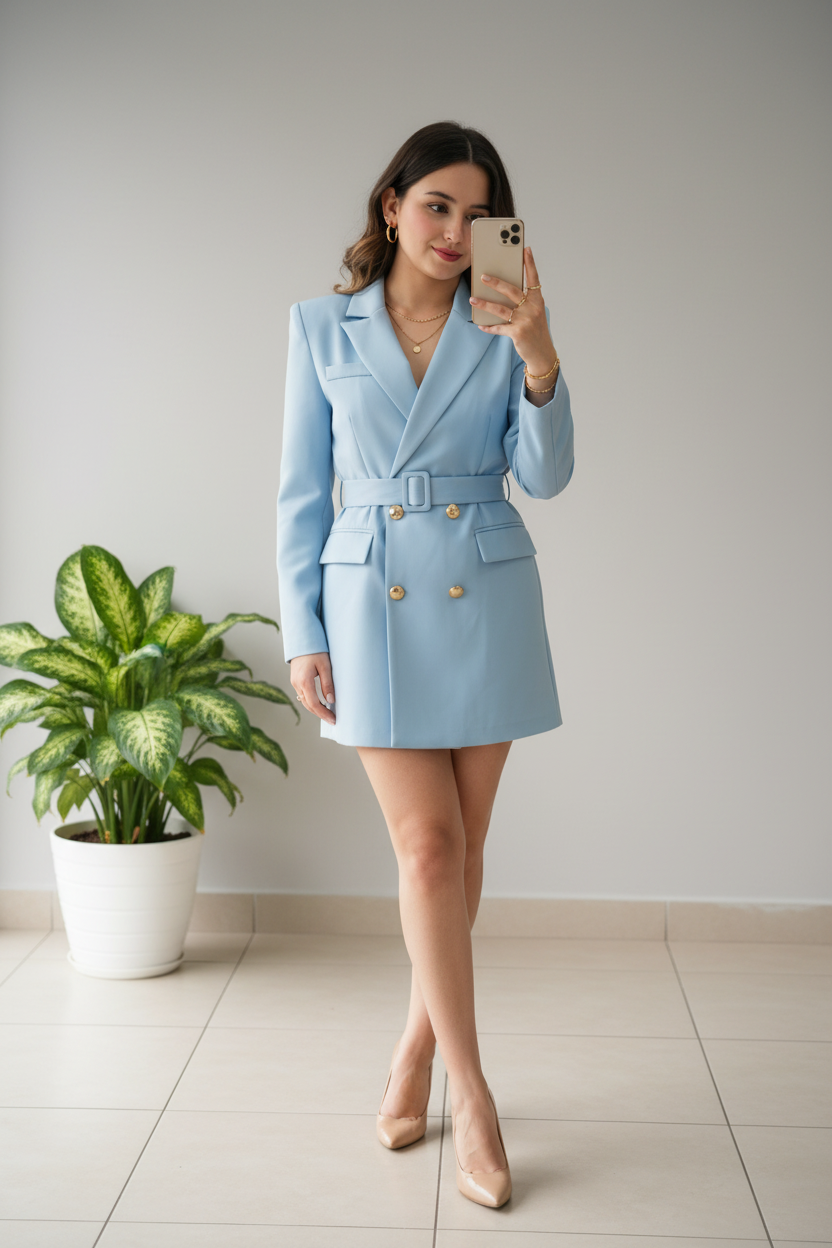 Vestido Blazer Azul Cielo con Cinturón y Botones Dorados cod.297