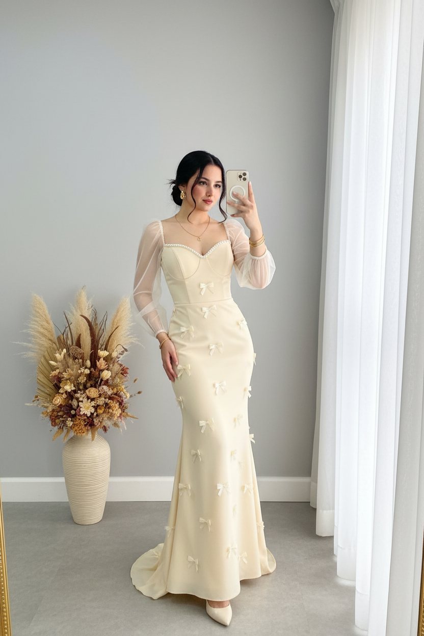 Vestido Crema Sirena Lazos 3D Manga Globo o cod.V386